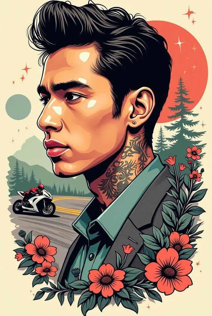 Give me a quality and illustrative image to have a memory of my cousin Andrés Felipe who liked forensics and tattoos., motorcycles and sport give me a drawing that can be tattooed