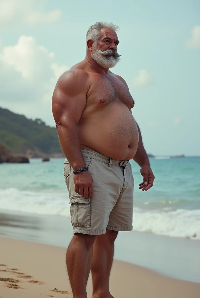Hyper-realistic very attractive mature handsome strongman, white old man, side view, chubby, pectoral, beefy, thick legs, huge calves, standing, half body, at beach, grey very short hair, well designed grey mustache, thick mustache, hyper-detailed background, cinematic, uhd, 8k, high resolution, perfect result, best quality, detailed work, wearing a shorts