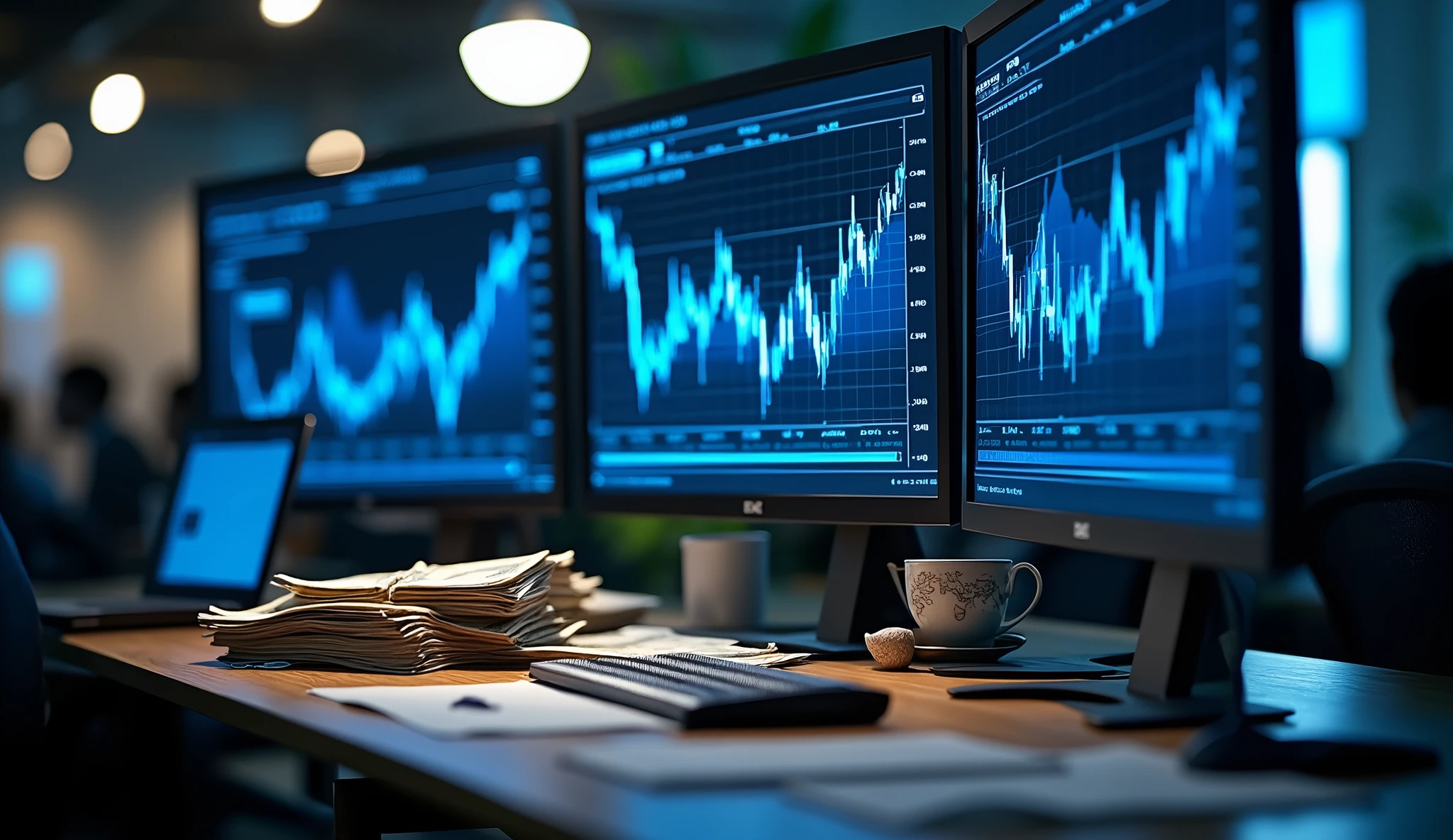 On the table are 3 computer monitors with blue and gray Forex charts open, and there is a pile of money in the picture.