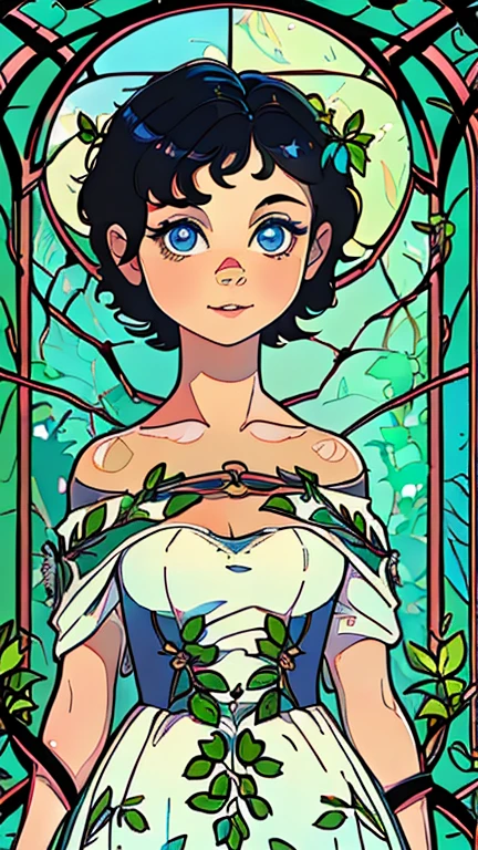 (1girl, solo, highly insanely detailed, masterpiece, top quality, best quality, highres, 4k, 8k, RAW photo),((innocent look)),((Childish)),From the front, symmetrical composition,smile,cute,Innocent,Kind eyes,Flat chest,ArsMJStyle, Art Nouveau Style, forest, vines, (keane), (short black hair,blue eyes,short hair)
(v1nedr3ss)