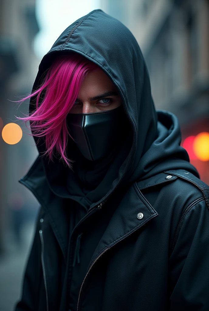 pink hair male, rogue, masked and hooded