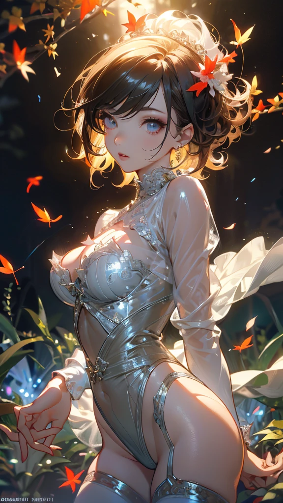 Christmas,A beautiful woman with slender,Standing in a garden with falling leaves and petals,Wearing a see-through white bodysuit、Wearing fishnet stockings,Strike sexy poses,1 girl,Beautiful eye details,Beautiful lip details,extremely detailed face and body,Short hair curly,(Best quality,4K,8k,high resolution,masterpiece:1.2),Ultra-high definition,(lifelike,Photorealism,Photorealism:1.37),HDR,uhd,Studio Lighting,Super Fine,Sharp focus,Physically Based Rendering,Extremely detailed description,major,Vivid colors,Bokeh,portrait。