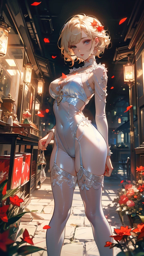 Christmas，A beautiful woman with slender，Standing in a garden with falling leaves and petals，Wearing a see-through white bodysuit、Wearing fishnet stockings，Strike sexy poses，1 girl，Beautiful eye details，Beautiful lip details，extremely detailed face and body，Short hair curly，（Best quality，4K，8k，high resolution，masterpiece：1.2），Ultra-high definition，（lifelike，Photorealism，Photorealism：1.37），HDR，uhd，Studio Lighting，Super Fine，Sharp focus，Physically Based Rendering，Extremely detailed description，major，Vivid colors，Bokeh，portrait。