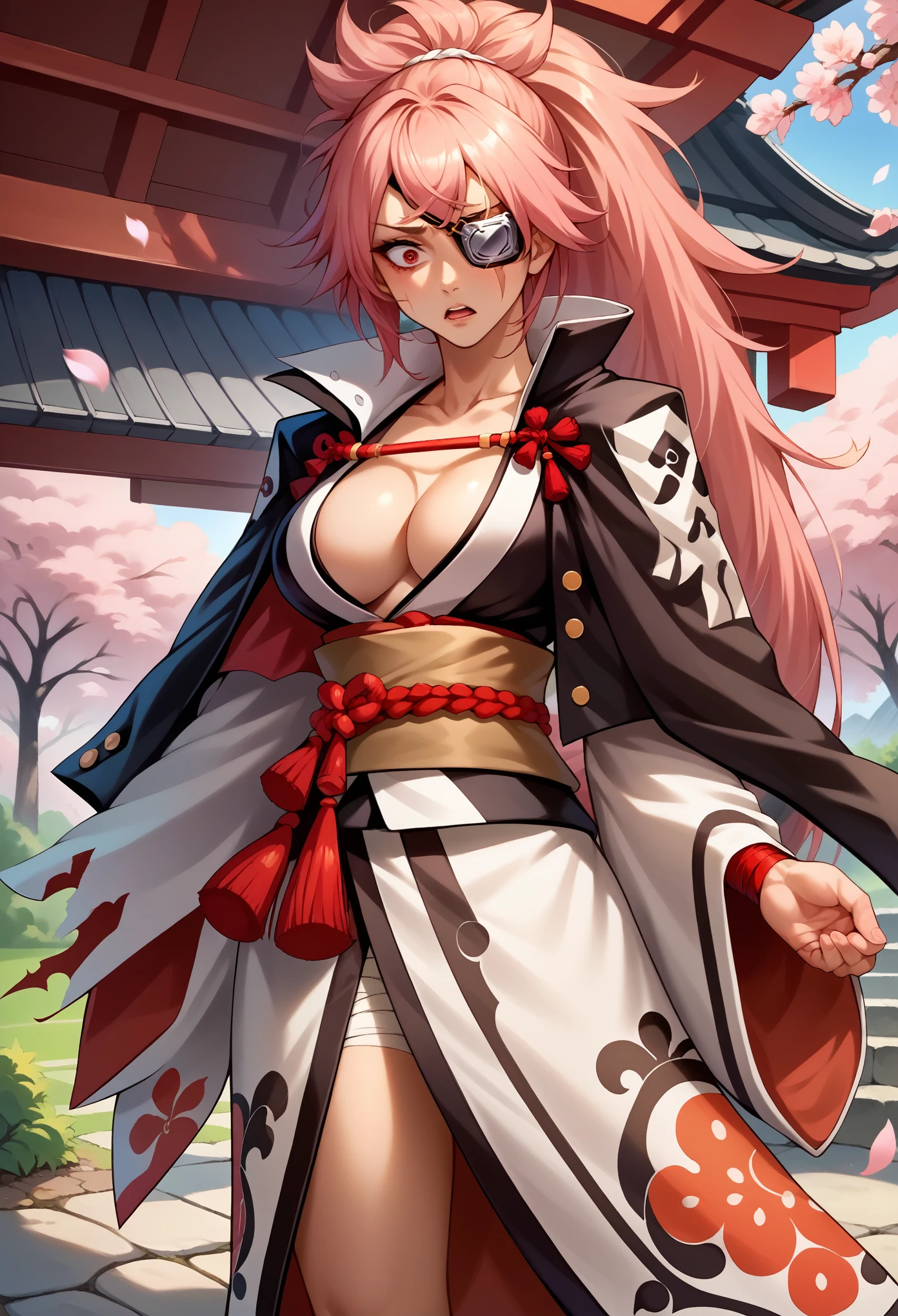 score_9, score_8_up, score_7_up, source_anime, 1girl, solo, BaikenGGXL, scar on eye, scar across eye, eyepatch, red eye, pink hair, long ponytail, medium breasts, (right arm amputee), cleavage, kimono, multicolored kimono, brown sash, red rope, rope belt, bandages, standing, shocked face, shaking, hand on breasts, looking down, japanese garden, cherry blossom,