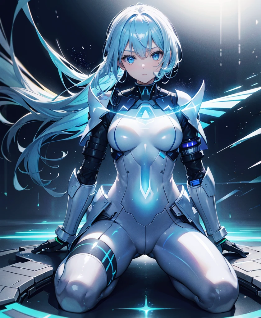((Holographic glow effect)),8k, Highest quality, (real:1.4), Original photo, 1 person, Asari Hair, Biological Amplifier, refined armor, posture: Peace talks between warring factions, smart blue eyes,whole body