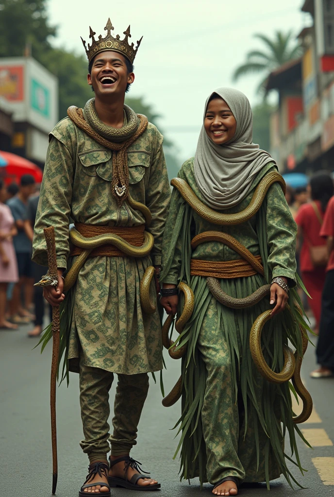 realistic photography. an Indonesian-looking young man wearing clothes made of dollar bills wearing a crown and staff with an expression of laughing out loud. Next to him walked a woman wearing a hijab whose clothes were made of leaves and many snakes like a snake queen. his neck and on his head were many snakes. street atmosphere. asphalt like there is a carnival. lots of viewers left and right. Ultra-realistic 8K photos, taken with Leica Q2, strong color contrast and sharp clarity --quality 2 --