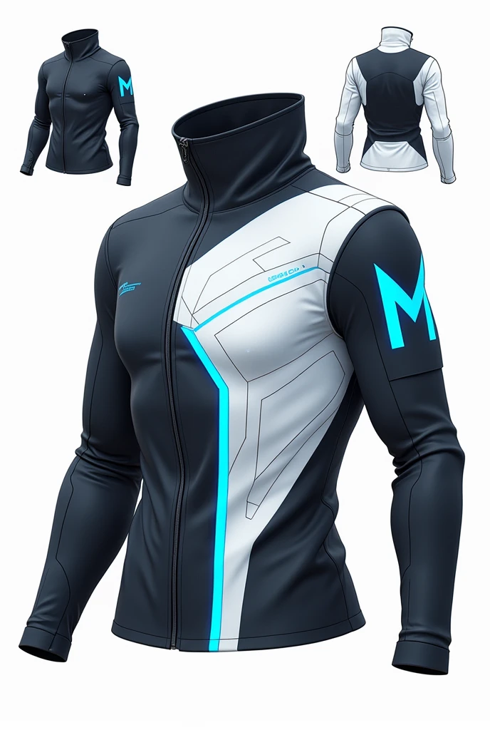 Create a technical-style illustration of a modern, futuristic jacket. The design should be flat and schematic, resembling a product design manual. Use mostly black for the body, blue for accents, and white for details. The right sleeve should be entirely white with blue highlights, and a large 'M' on the shoulder. Show the jacket from multiple angles, including front and back, with a focus on straight lines and geometric patterns. The high collar should be a distinct feature. Emphasize clarity and precision in the linework and avoid photorealism