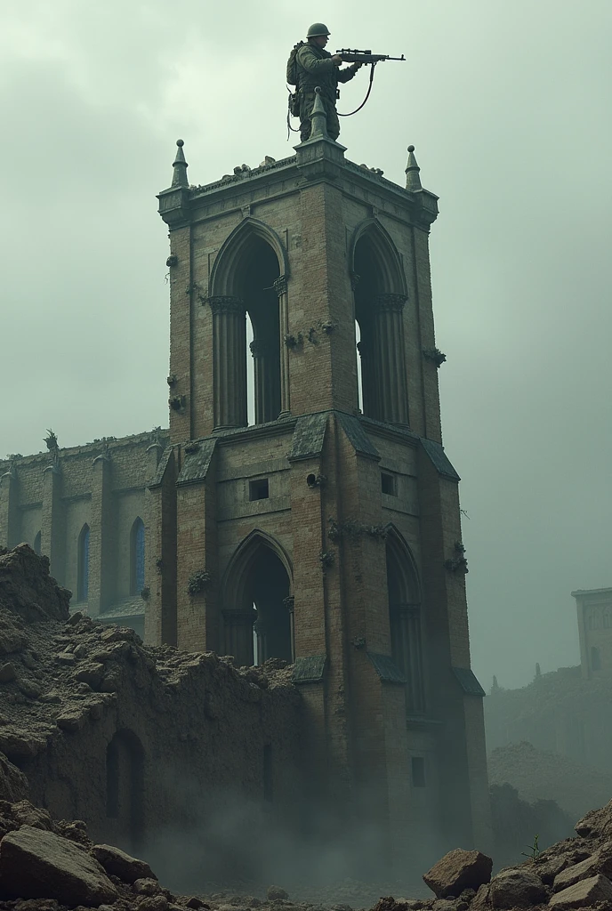 Create a destroyed cathedral with a sniper on a tower with a World War II atmosphere