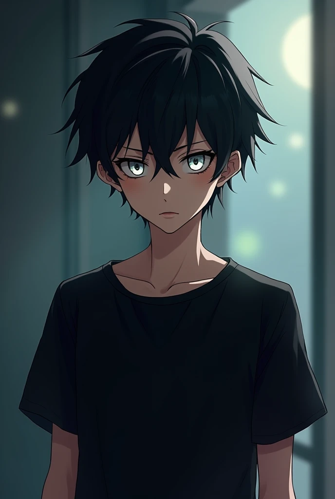 Boy with black hair is tall and serious, he is 2, he has white eyes, his gaze is dark and bright at the same time, he has white skin, he is looking straight ahead and has a serious face, he is affectionate and cold at the same time, digital illustration of video game characters, make it manly, he has a black shirt and is more manly, more of an adult man, not so much