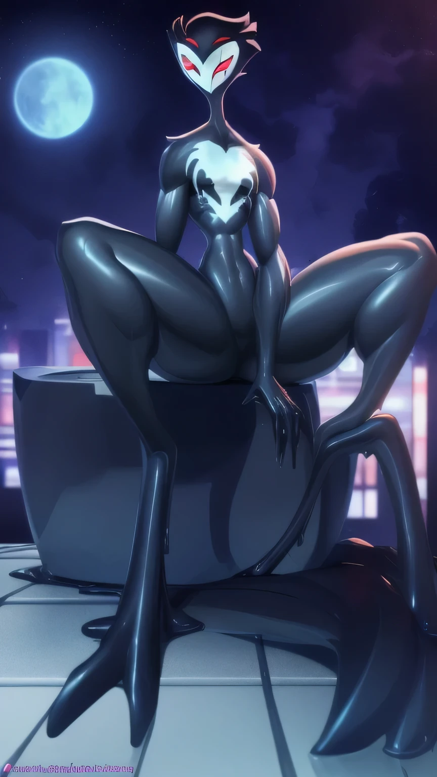 Tanraak (style), ((masterpiece)), ((8k quality)), (no watermark), stolas, male, sleek, shiny black slime body, goo, gooey, long tail feathers, avian, avian tail, solo, detailed rooftop, looking at viewer, shiny, slimy, perfect body, thighs, red eyes, black body, symbiote, big muscular legs, big muscular arms, butt, sitting on edge of rooftop, one hand between legs, front view, smirk