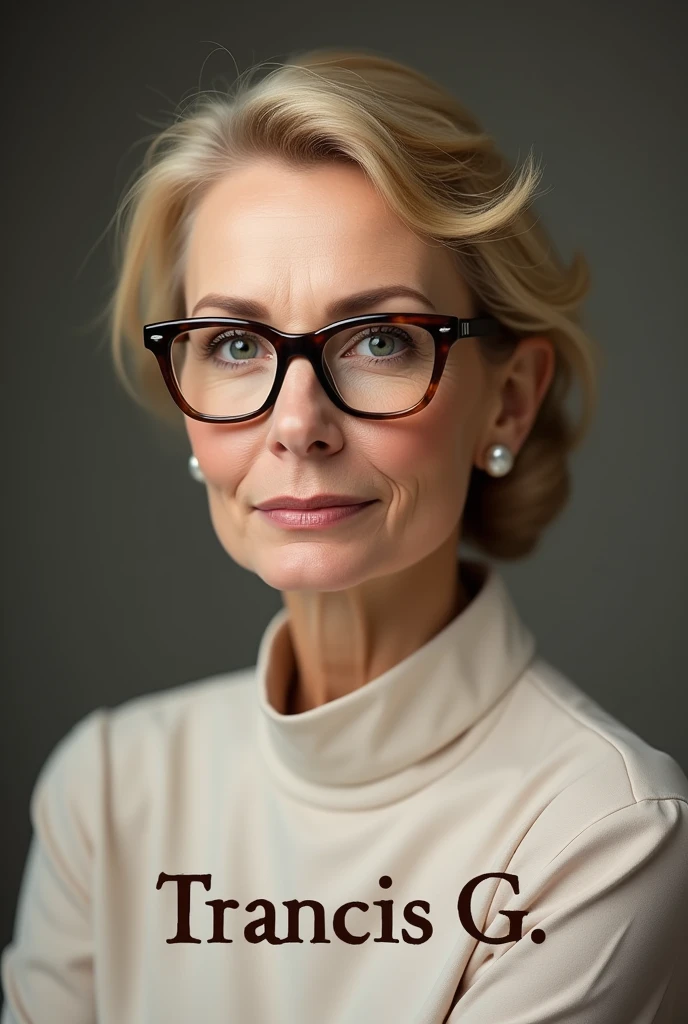 Mature blonde woman with glasses and text of her name Francis G