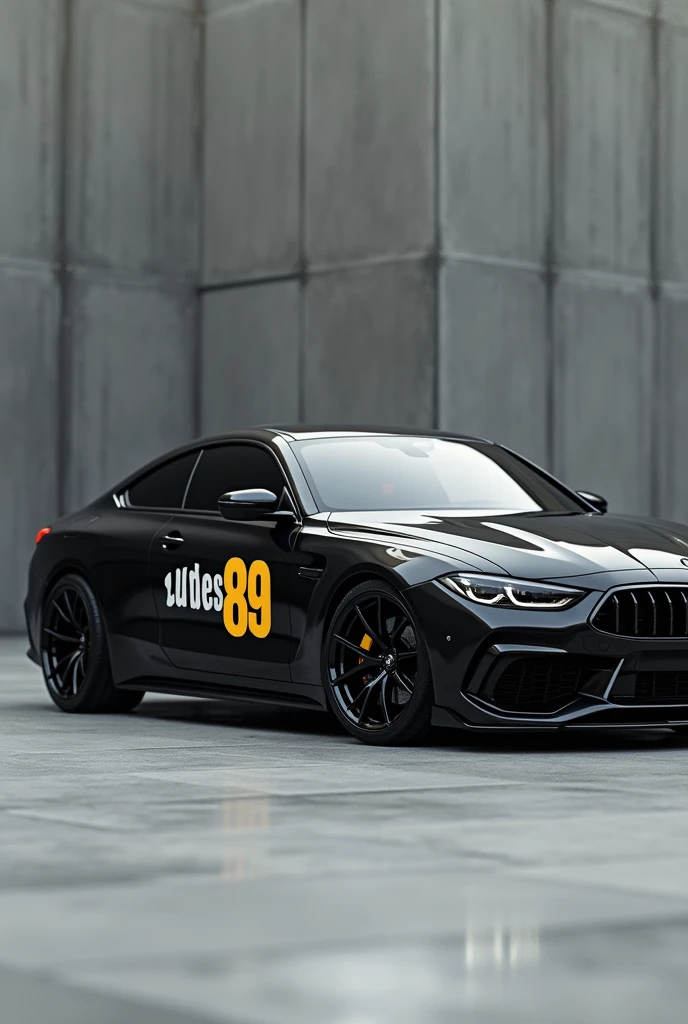 all black car, with the door written ubes89 with the colors yellow and white