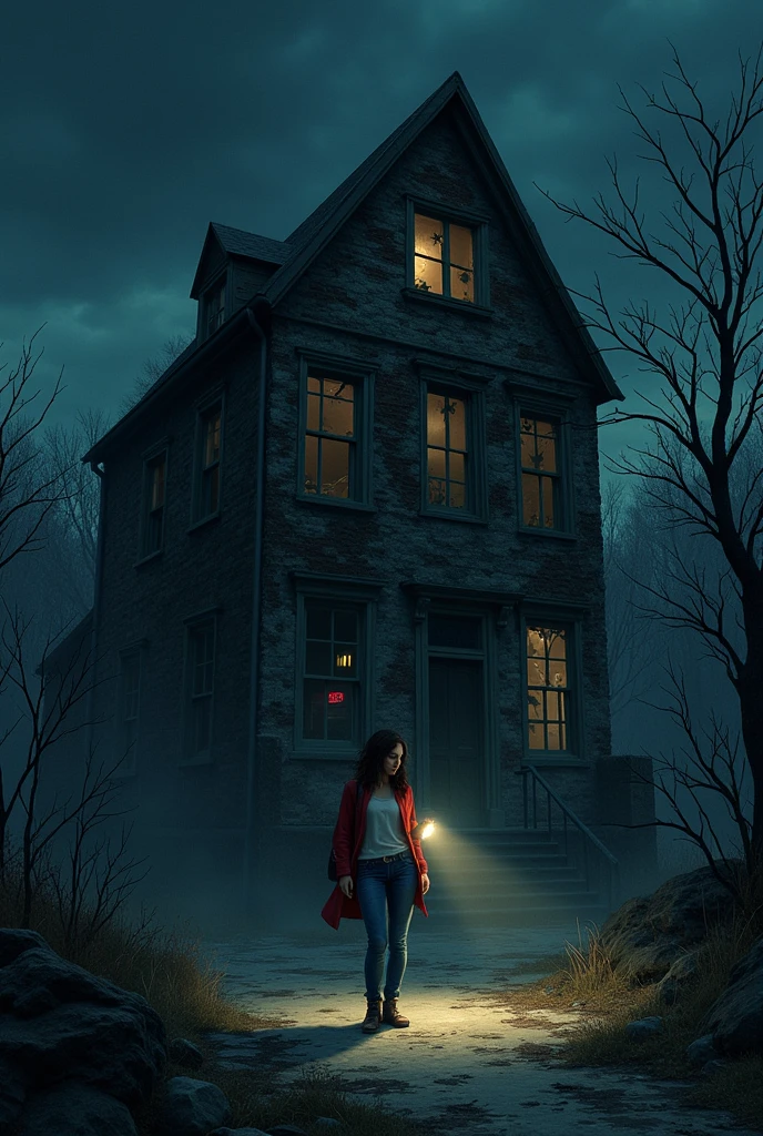 Act 2: The Forgotten Building Scene 4: The Abandoned Building - Night (Maya arrives at the location marked on the map. The building is old, with vines creeping up its walls and broken windows that seem to watch her every move. She hesitates but gathers her courage and steps inside.) maya seed is 1921569215. wearing red long shirt on white t shirt wearing blue jean and holding flashlight. building design used this seed 1570909171