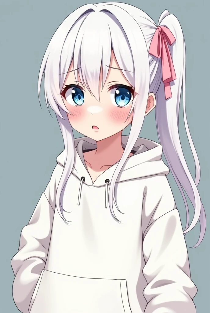 White hair, angry face, blushing, girl, long hair, side ponytail tied with a pink ribbon, light blue eyes, large white hoodie, little sister personality, anime, full shot 