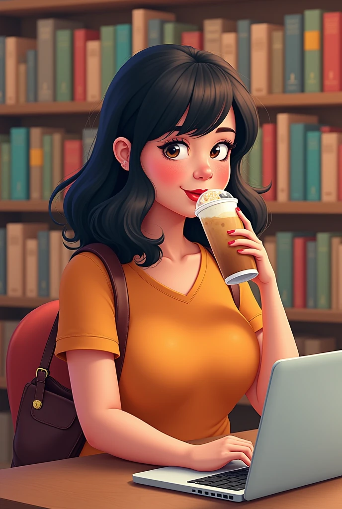 Create an image of chubby latina woman with shoulder length hair with bangs sipping boba tea in cute Library in background with side profile in cute modest dress no cleavage and full profile pointed Toe heels brown bag in side laptop in front small mongoloid eyes nose ring in left
With title missy spills the tea