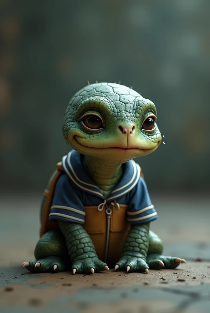 Little turtle in a sad school uniform crying
