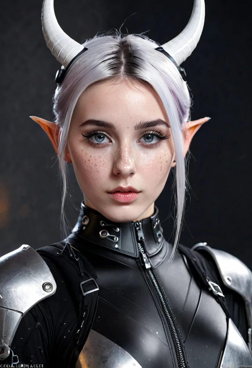 a close up of a female, pastel goth, big elf girl with freckles, light grey eyes, pointy ears, freckles, many freckles on face, white horns, unreal 5. rpg portrait, 8k portrait render, unreal engine 5, beautiful female elf, unreal engine character art, female character, female lead character, there is a woman in a black leather outfit posing for a picture, goth cybersuit, wearing techwear and armor, cybersuit, dark natasha, cyber suit, clothed in sci-fi military armor, cybersuits, diverse cybersuits, cyberpunk 2 0 y. o model girl, in a dark space mercenary outfit, cyberpunk gorgeous goddess