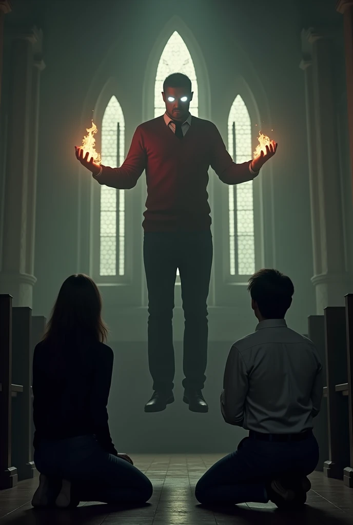 In a dark church a man wearing burgundy shirt and he is levitating in the air.his eyes are white, His hands are open, and there are flames in his hands. Wooden planks are nailed to windows, and a faint light coming through windows creates a backlight effect. In front of the man, there is a kneeling another man and woman, both pleading. They are wearing white shirts, black ties and black cardigans, dark ambiance, movie scene, hyperrealistic, photography, detailed