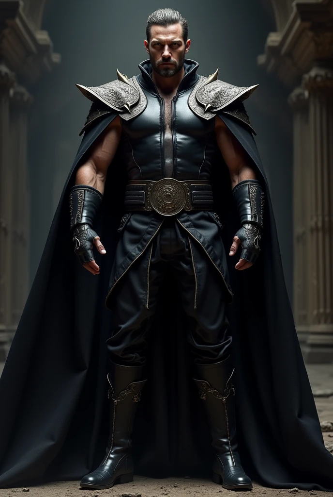 strong man in black leather tunics and black cloaks with shoulder pads