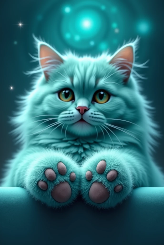 create a turquoise cat, realisitic, fluffly, he has his paws in front, leaning on the image, the paws are in front, zoom na pata,  the cat&#39;s face is blurred, the cat is behind, blurred in the background, nblurry background, gato fluffly, glad, super realisitic, high realism, the background is turquoise galaxy showing its paws to the viewer,  paw art, perfect paw, cat cushions, turquoise galaxy background with stars