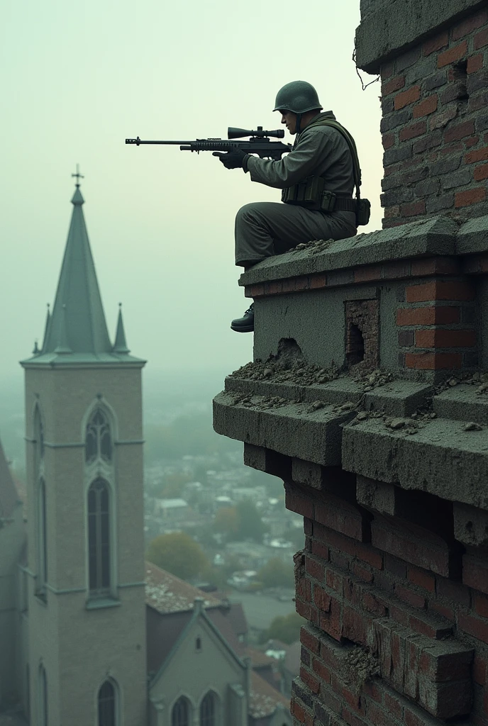Create a destroyed cathedral with a sniper on a tower with a World War II atmosphere