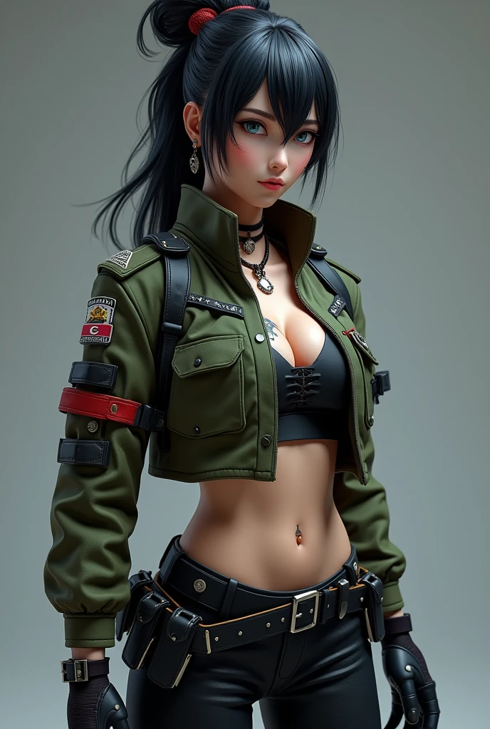 Create a hyper-realistic 3D rendering of a futuristic female soldier character. She should have striking Asian features with intense blue eyes and a confident expression. Her jet-black hair should be styled in an elaborate updo with a red hair tie, loose strands framing her face. Dress her in a cropped military jacket in olive green with black and red accents. The jacket should feature multiple straps, patches, and tech-inspired details. Pair this with form-fitting black pants and a utility belt with various pouches and gadgets. Add intricate details like a small tattoo on her midriff, black stud earrings, and arm guards. Her skin should have a slight sheen, emphasizing the 3D quality. Use dramatic lighting to create depth and highlight the textures of her outfit and skin. The background should be a gradient of cool greys, focusing attention on the character. Employ advanced 3D rendering techniques to achieve photorealistic textures, especially in the fabric of her clothing and the shine of the metallic elements. The overall aesthetic should blend military practicality with futuristic sci-fi elements, creating a compelling and dynamic character design.