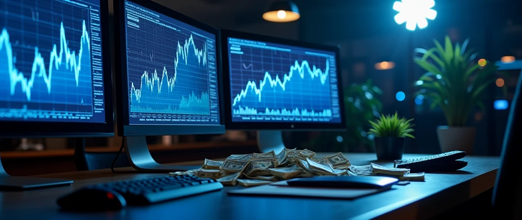 On the table are 3 computer monitors with blue and gray Forex charts open, and there is a pile of money in the picture.