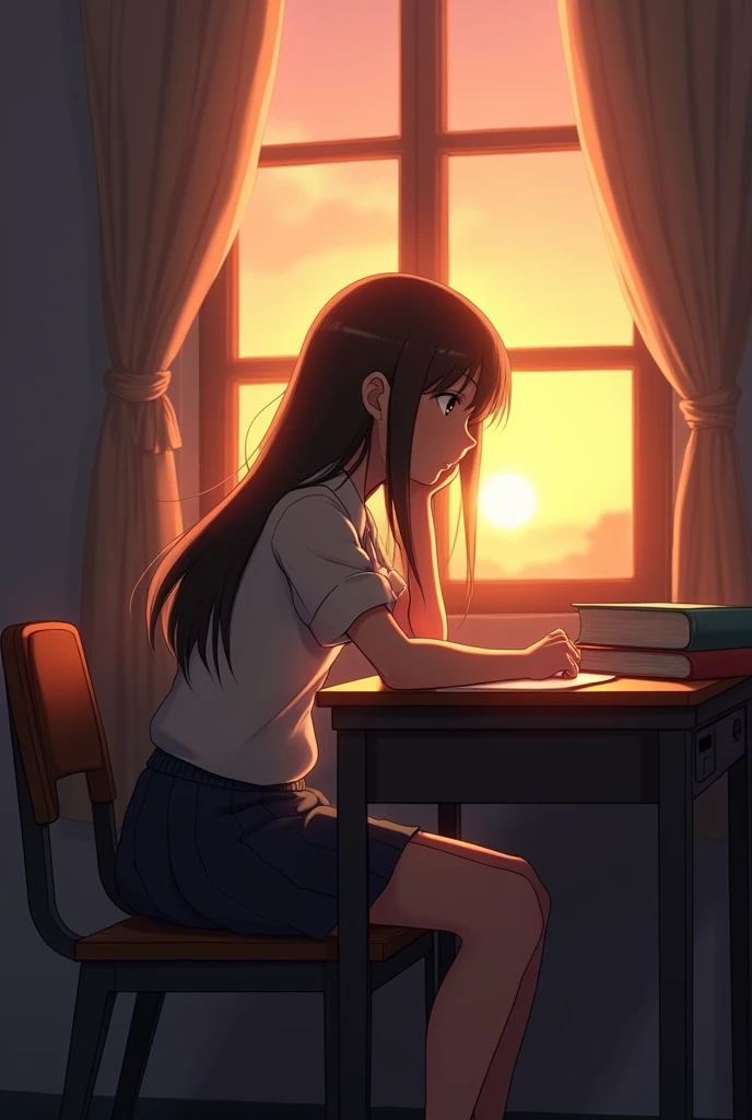 school, big Alan a girl at a desk, a girl sits at a desk and leans her head on the desk on the side of the window, she looks towards the window, sunset outside, the sun's rays enter the classroom, anime style, ghibli