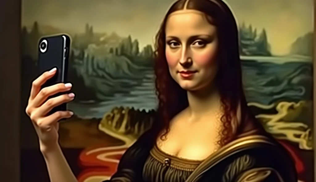(((young woman taking a selfie with her iphone-15))), 500 years ago, This woman looks a bit like the Mona Lisa, High resolution,sharp focus,(ultra detailed,extremely detailed),(((vibrant colors,vibrant theme))),(Intricate),(masterpiece),(Best Quality), cleavage, big breasts, (((it's not a painting))), (((realistic photo)))