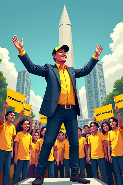 Illustration of the Jakarta Governor's political campaign showing a dynamic and modern city backdrop. The scene shows a charismatic and confident male candidate wearing a yellow and black cap, wearing a professional suit, standing on a stage and speaking in front of a variety of supporters wearing a yellow t-shirt with the words "TENABANG" The crowd consisted of people of various ages and ethnic groups, holding yellow banners and flags that read "SABAS TENABANG". The candidate's expression shows determination and hope, against the backdrop of Jakarta's iconic landmarks such as the National Monument (Monas) and skyscrapers. The overall atmosphere is energetic and inspiring, symbolizing progress and unity."