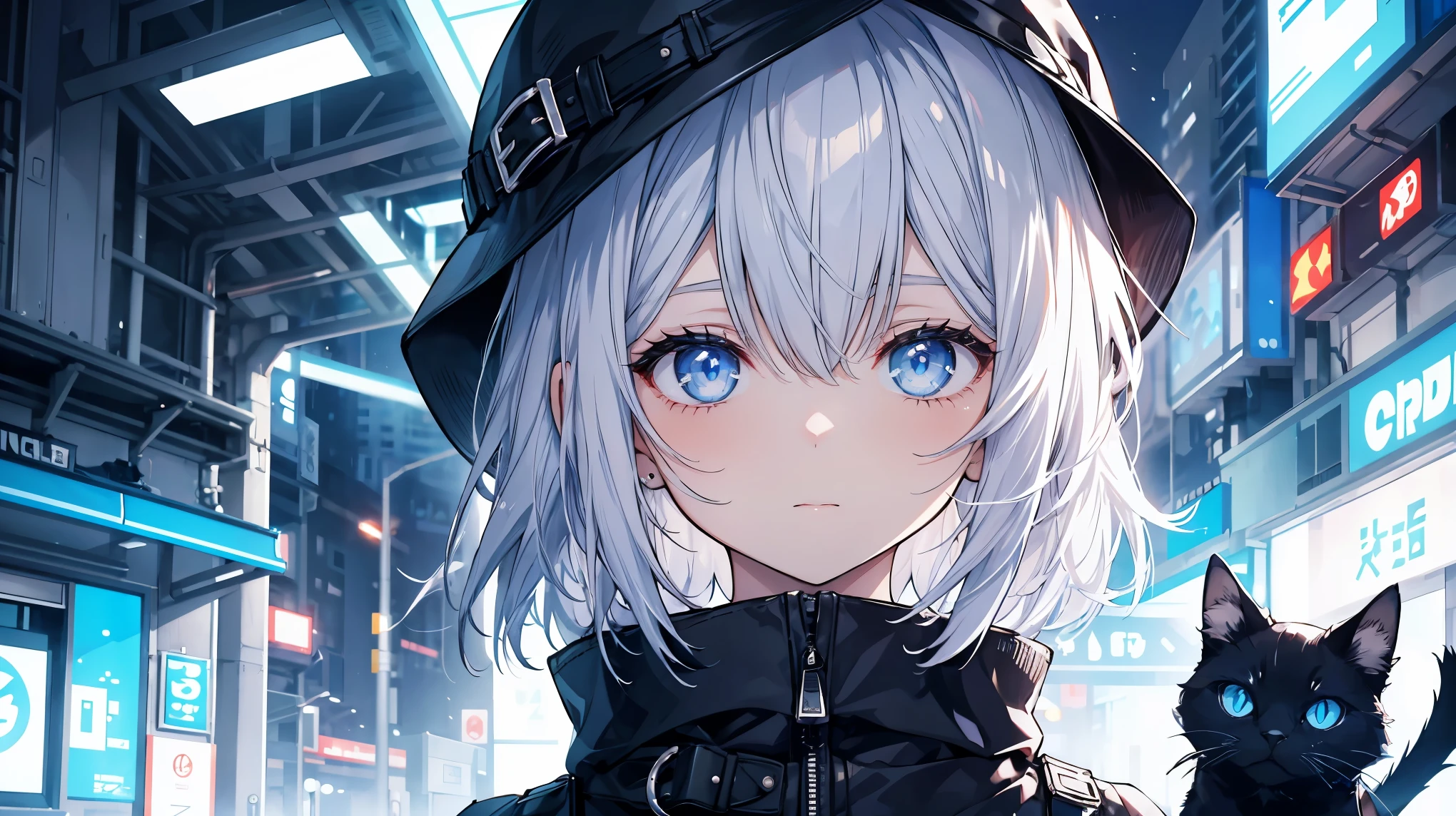 Girl with silver hair shortcut.The girl is living in a futuristic city..The girl has cold blue eyes.There is a black cat by her side..I definitely want to draw a black cat..