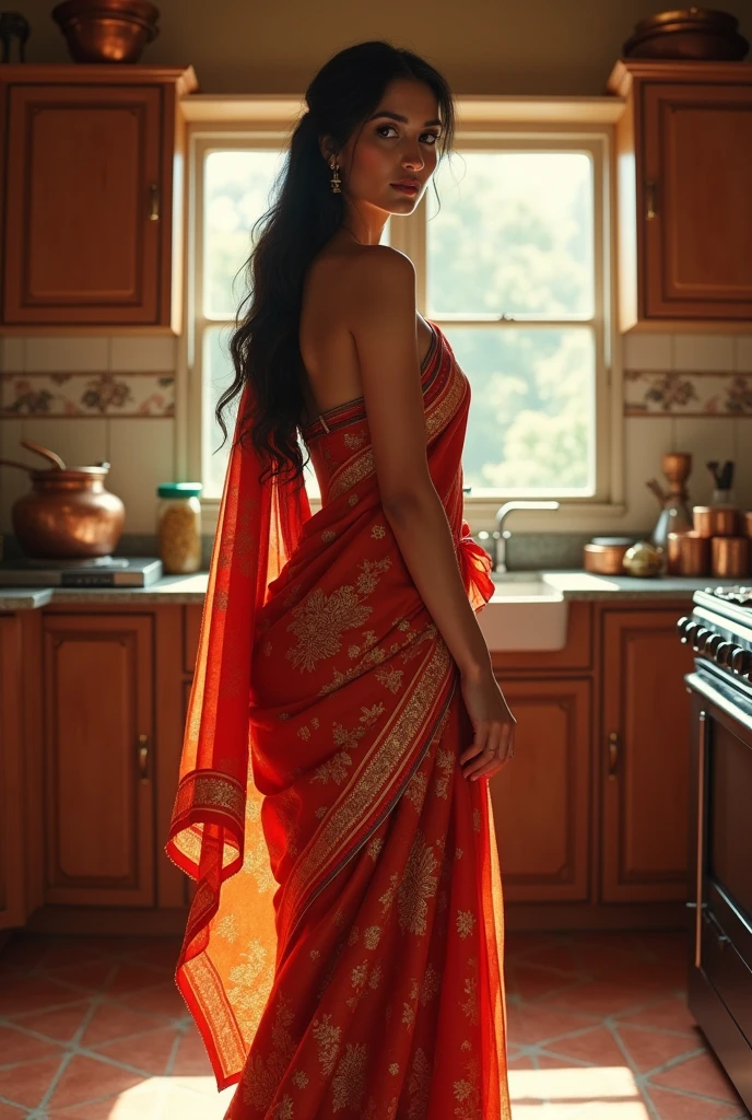 Create a image of a   4 indian lady wearing saree beautiful  standing in kitchen room