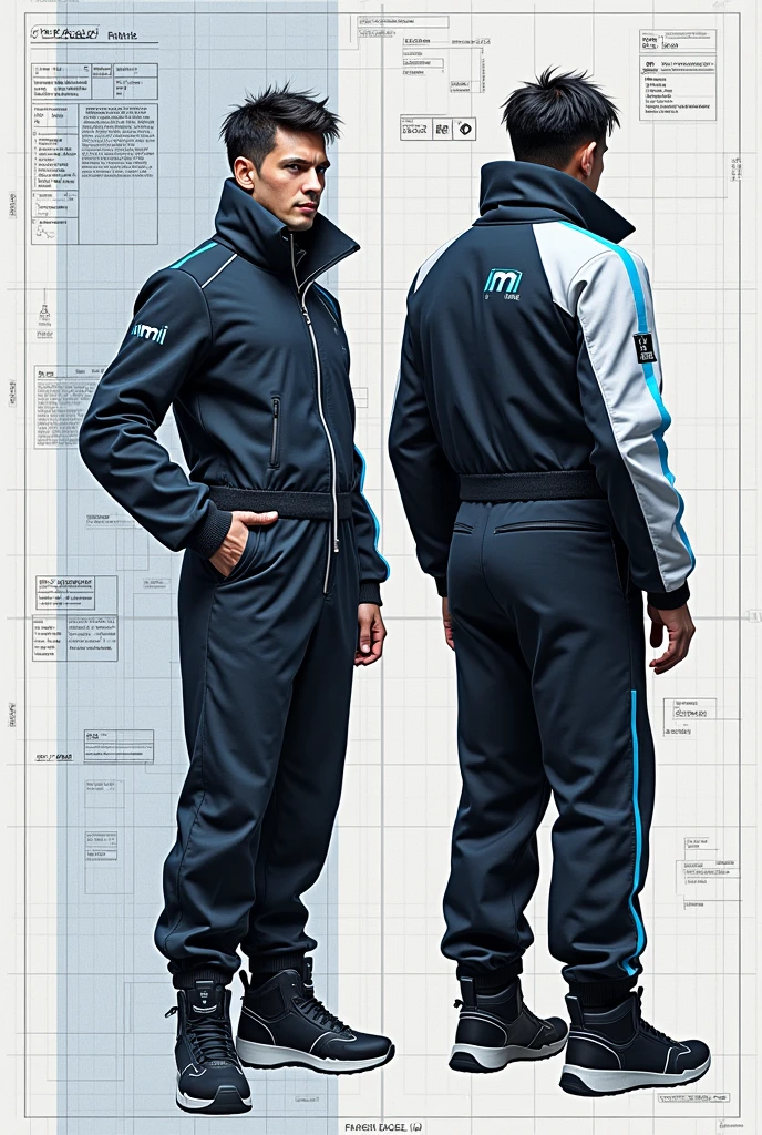 Illustrate a conceptual design for a futuristic jacket, using a technical, grid-based style. The jacket should feature a high collar, be predominantly black, with blue and white accents strategically placed. Make the right arm fully white, incorporating blue lines and the letter 'M' on the shoulder area. The design should be presented in a flat, blueprint-like format, with both front and back views. Focus on precision, with a structured, orderly appearance that looks like it was taken directly from a design manual