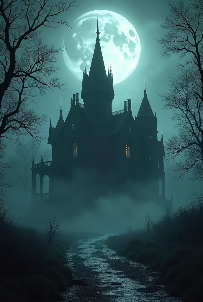 The mansion was engulfed in darkness, illuminated only by eerie moonlight.