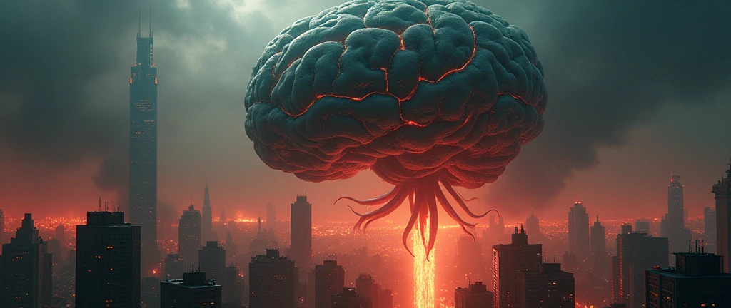A floating brain with tentacles is hovering over a city. It is night time and the city is lit up. The city is in flames.