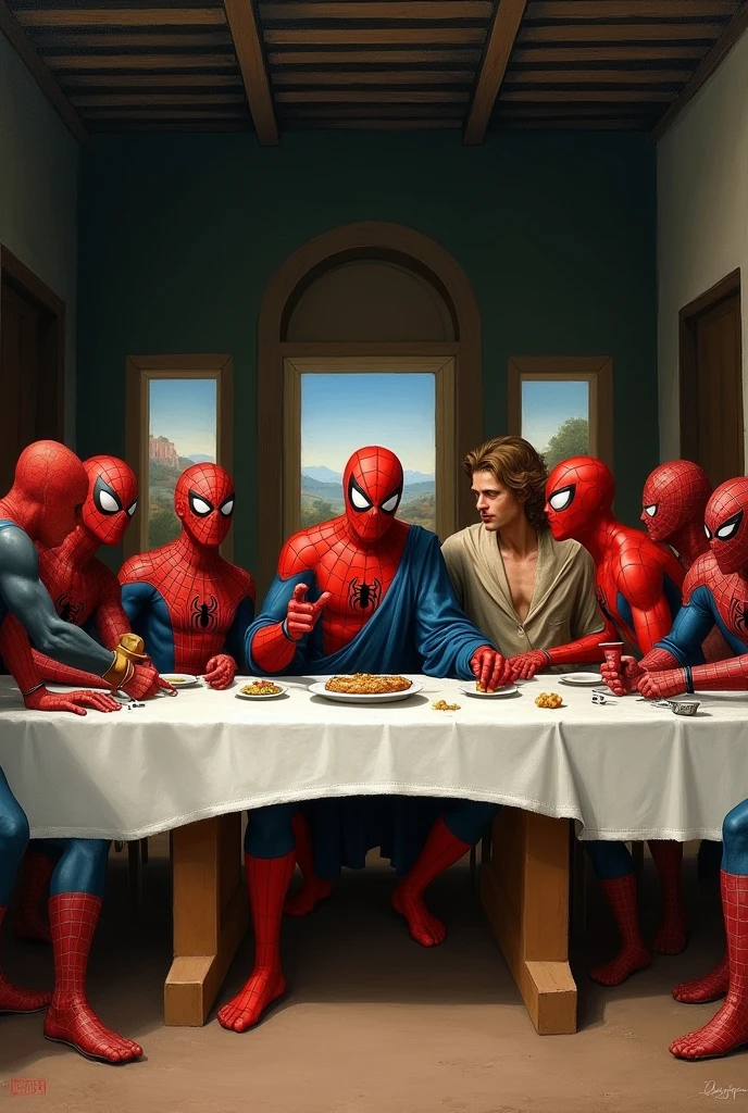 Can you make me a painting The Last Supper Painting by Leonardo da Vinci but it has to be Spider-Man type theme and everything related to Spider-Man with that painting Instead of the religious characters, You can put several Spider-Man from different multiverses and comics But I need it to look more like a painting than a photograph, and that the Spider-Man looks more realistic and more detailed like the comics or like in the movies, and I want them to have several different types of Spider-Man from different multiverses