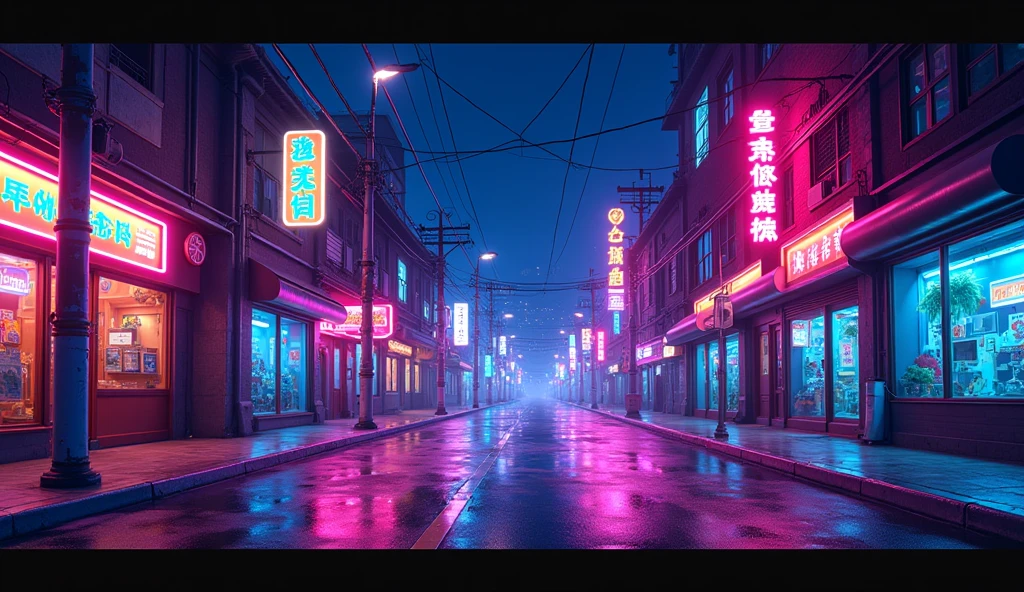 Street scene close-up at night neon lights no pedestrians cartoon texture horizontal street no text