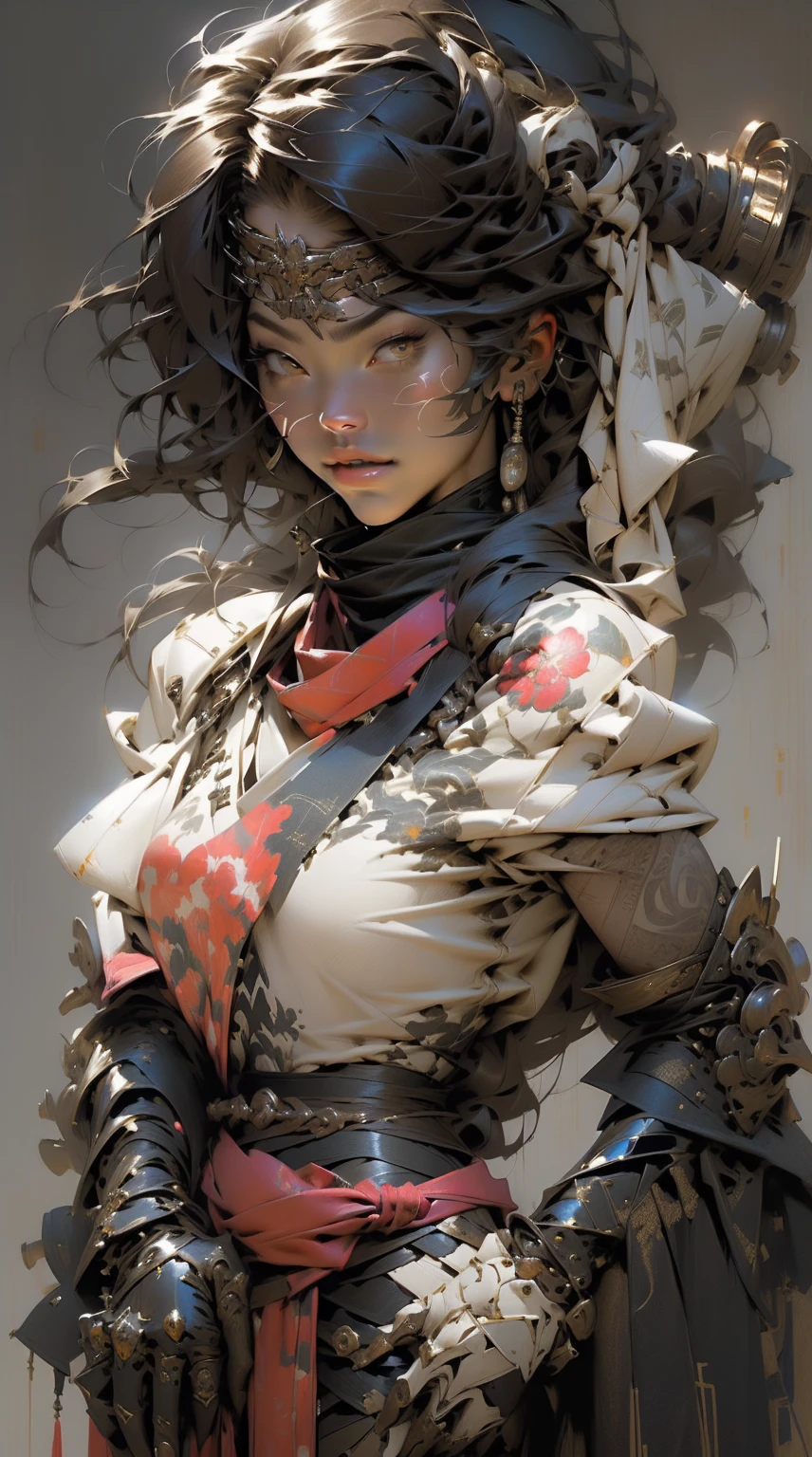 (((woman))), (((best qualityer))), (((tmasterpiece))), (((AS-Adult))), ((( Japanese ))), Look up from your knees, A beautiful asian samurai woman with perfect body, Modern samurai, ((( Asian))), Wear gloves on your hands,The left arm is made of steel and metal tips,Made of protective devices, The eyes are pulled, (( Appears below the breast )), (( Small dental floss )), Simon Bisley, Almost naked(Simon Bisley)Castle City Wilderness,For high-resolution posters, hair straight, Minimum clothing, armure (Crazy clothes ), Full of tips and rivets, tribal tattoos, (((full bodyesbian))), Straight brunette hair,Colored hair ends