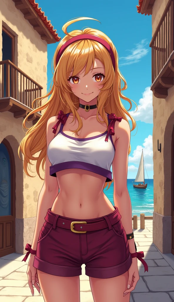 Create a vibrant anime-style illustration of a charismatic young woman in a Mediterranean coastal town. The character should have wavy blonde hair with reddish highlights, styled with a burgundy headband. Her expressive amber eyes and confident smile should convey a mix of allure and mischief. Dress her in a revealing white crop top with purple trim and burgundy bows on the shoulders. Pair this with a high-waisted burgundy skirt or shorts. Accessorize with gold hoop earrings and a choker necklace. Set the scene in a sun-drenched port town with terracotta-roofed buildings, arched doorways, and wooden balconies. Include a glimpse of a sailboat's mast in the distance and a clear blue sky with wispy clouds. Use a warm color palette dominated by ochres, terracottas, and azure blues. Employ cel-shading techniques with bold outlines and vibrant colors to create a distinctive anime aesthetic. Add intricate details like the texture of the stone buildings, the character's wind-tousled hair, and the play of sunlight on surfaces. Include subtle background elements like a distant figure in a doorway to add depth and life to the scene. The overall composition should evoke a sense of adventure and romance in a picturesque coastal setting.