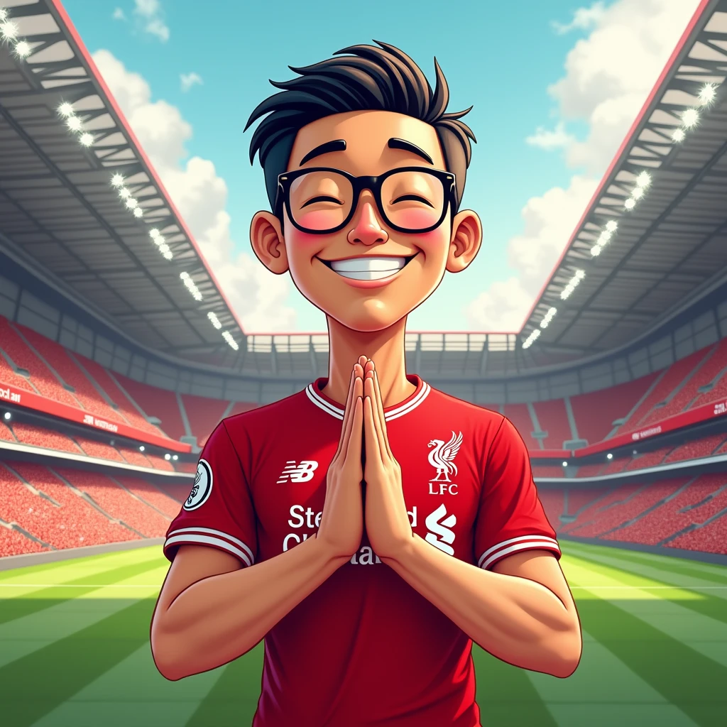 A man smiles in a manga style, bows like a Thai person and wears a Liverpool shirt, wears glasses, stands in a cartoon style. High quality dynamic photo, detailed and colorful. Realistic and colorful poses, the background is Andfield Stadium.