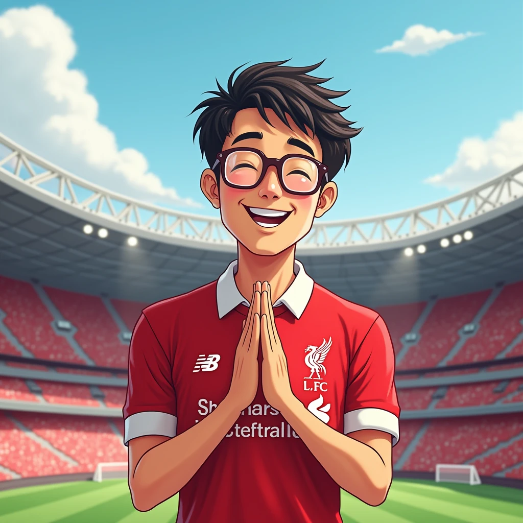 A man smiles in a manga style, bows like a Thai person and wears a Liverpool shirt, wears glasses, stands in a cartoon style. High quality dynamic photo, detailed and colorful. Realistic and colorful poses, the background is Andfield Stadium.