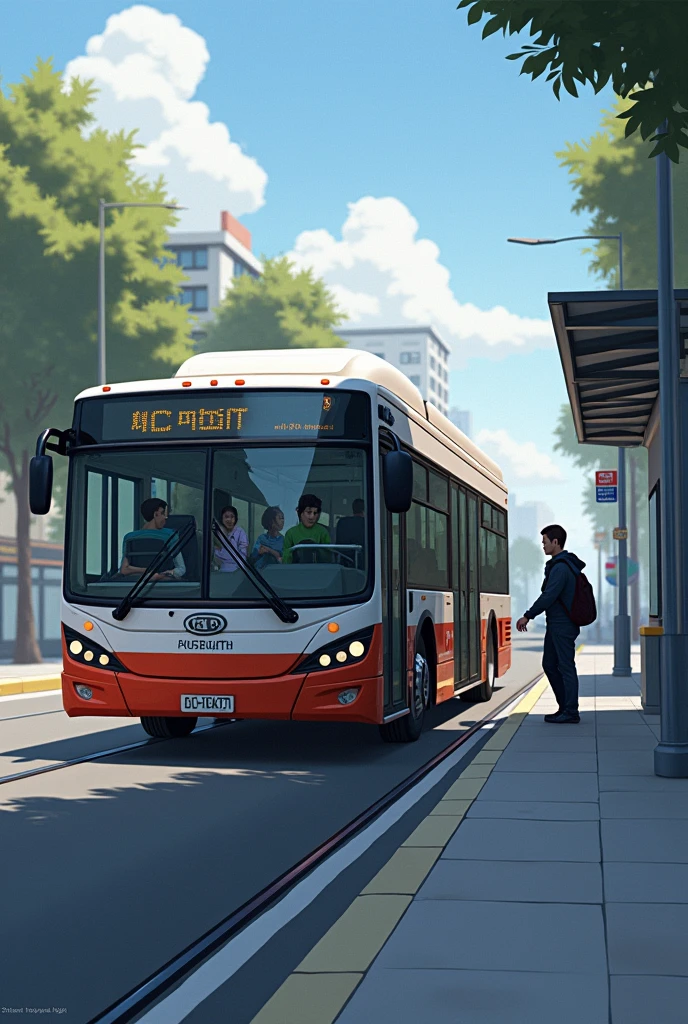 Bus Stopping and Door Opening:**
- "The bus slowly stopping at the bus stop with its door opening. The view inside the bus and passengers disembarking are also depicted."