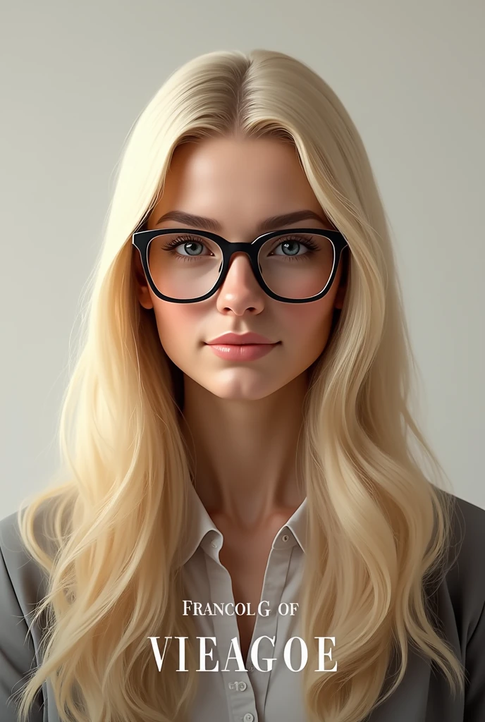 Blonde woman with very long hair wearing glasses and text of her name Francis G
