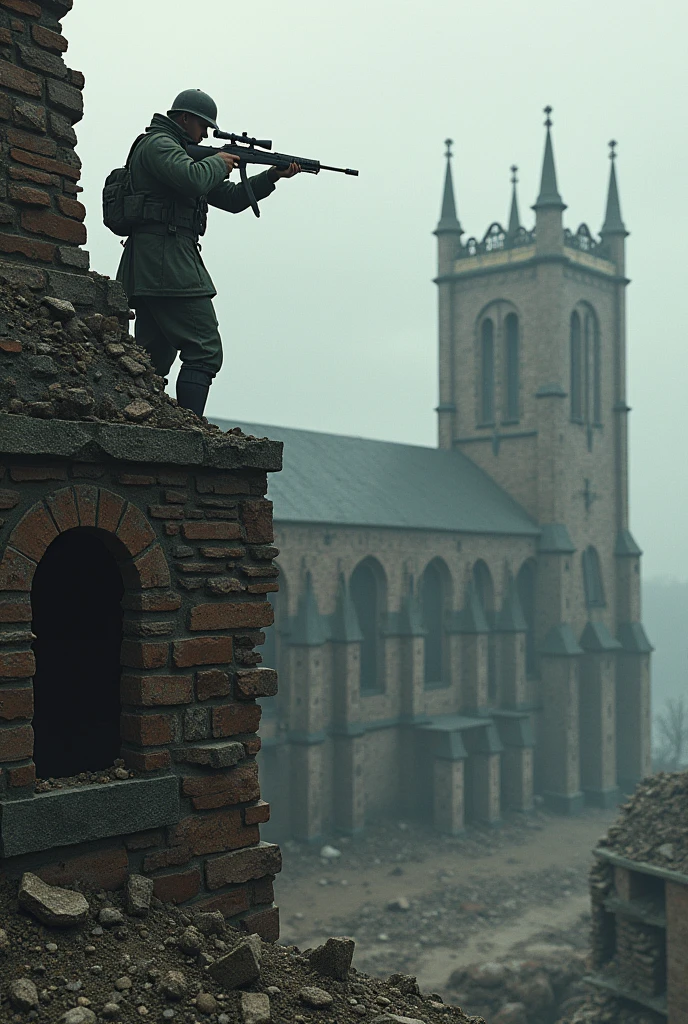 Create a destroyed cathedral with a sniper on a tower with a World War II atmosphere 