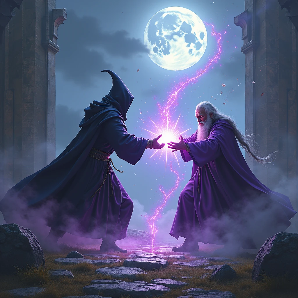 a black-robed man fighting an old male mage dressed all in purple from behind, , magic power, white and purple light particles, until it bounces, background The burial of ancient warriors, alcheamy, mystical atmosphere, very detail, hyperrealistic, Ultra realism, perpfect detail. hyper realistic, 4k, ALREADY. ultra detail, Hyper maximalism, fantasy, smoke and full moon at night