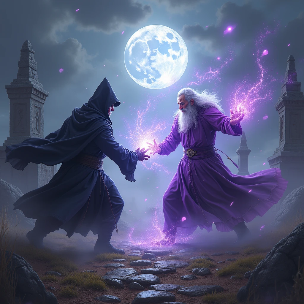 a black-robed man fighting an old male mage dressed all in purple from behind, , magic power, white and purple light particles, until it bounces, background The burial of ancient warriors, alcheamy, mystical atmosphere, very detail, hyperrealistic, Ultra realism, perpfect detail. hyper realistic, 4k, ALREADY. ultra detail, Hyper maximalism, fantasy, smoke and full moon at night