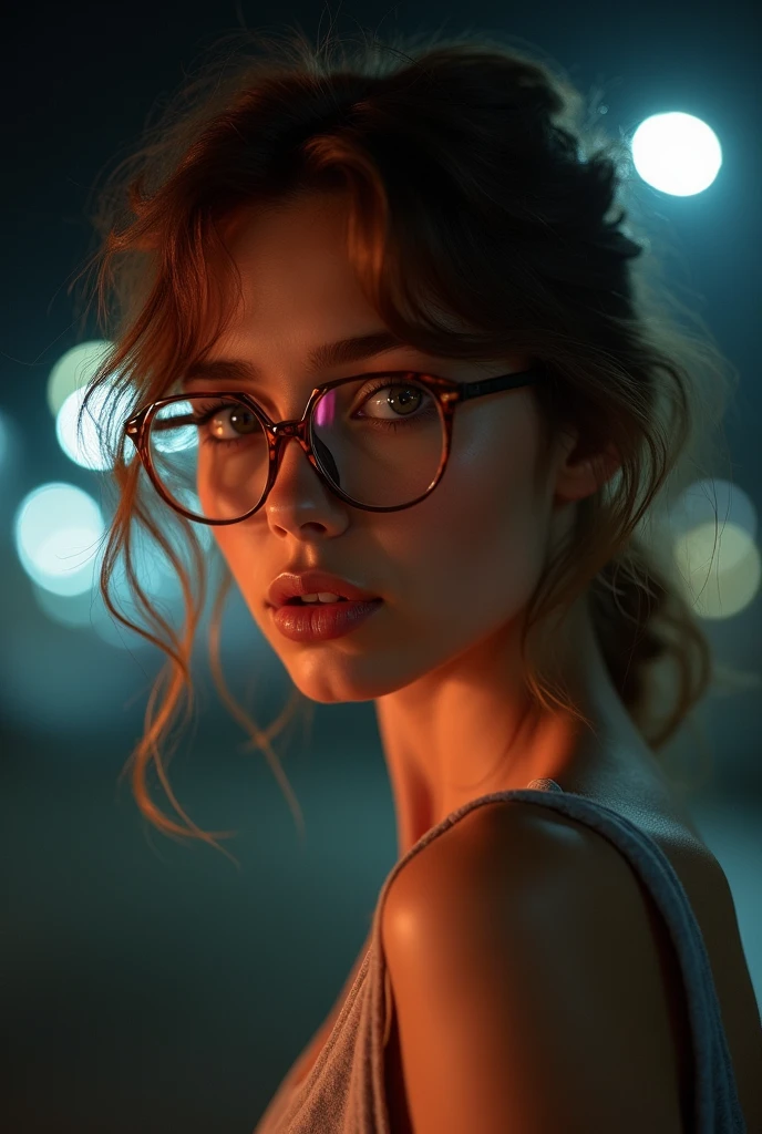 a beautiful 1 woman, light brunette, close-up, girl next door, baggy clothes, makeup, lips, glasses, night, messy hair, film grain, retro, Porta 160 color, shot on ARRI ALEXA 65, sharp focus on subject, Fujifilm XT-3