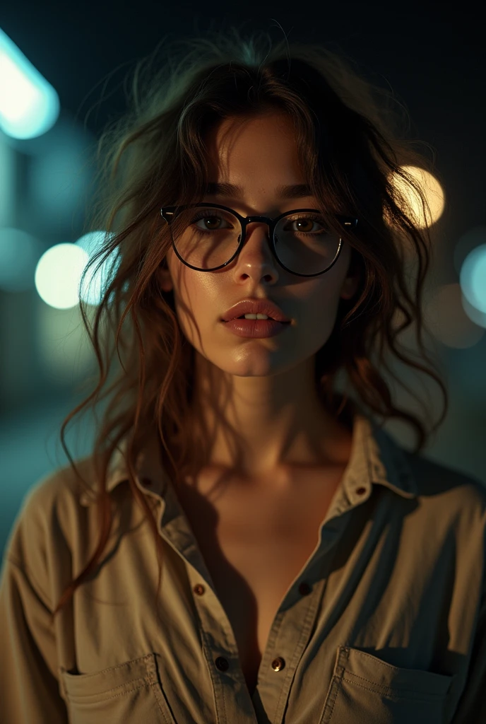 a beautiful 1 woman, light brunette, close-up, girl next door, baggy clothes, makeup, lips, glasses, night, messy hair, film grain, retro, Porta 160 color, shot on ARRI ALEXA 65, sharp focus on subject, Fujifilm XT-3