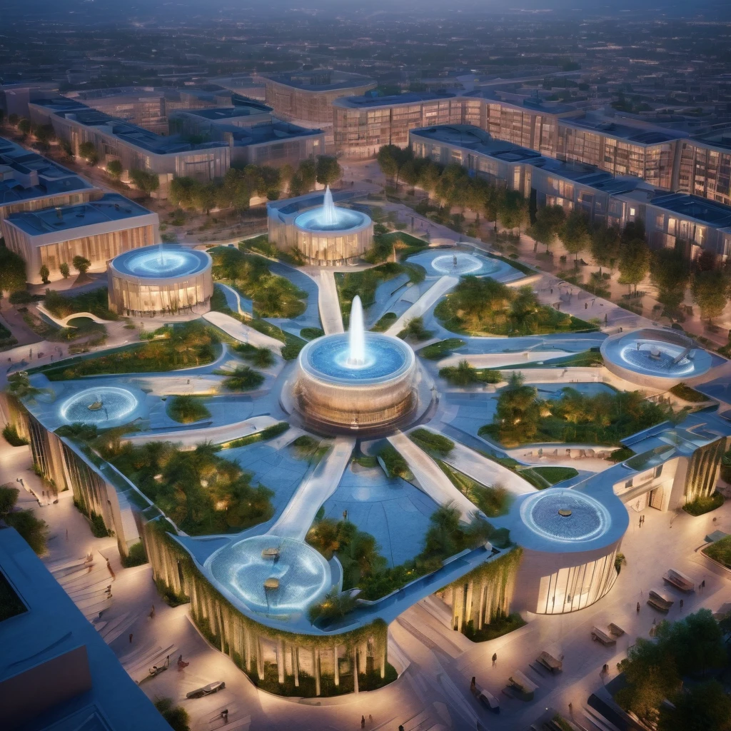 Complex of three structures surrounding a plaza with a fountain in the middle, very high, futuristic design, eco style, aerial view, Soft lighting, Very detailed,HD,8k