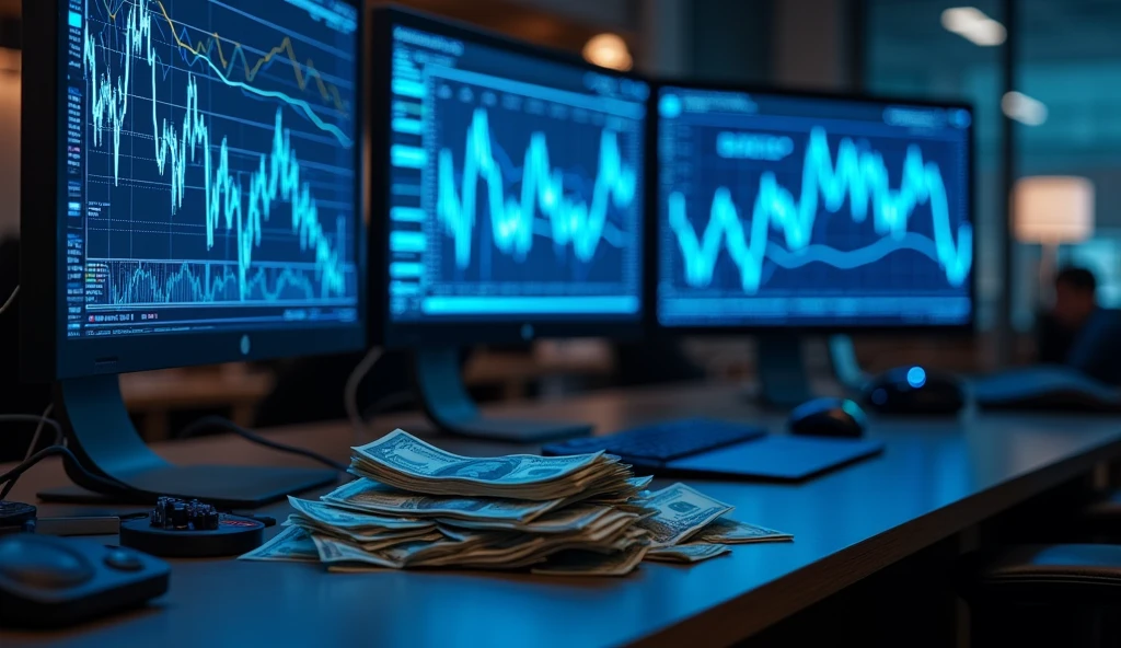 On the table are 3 computer monitors with blue and gray Forex charts open, and there is a pile of money in the picture.